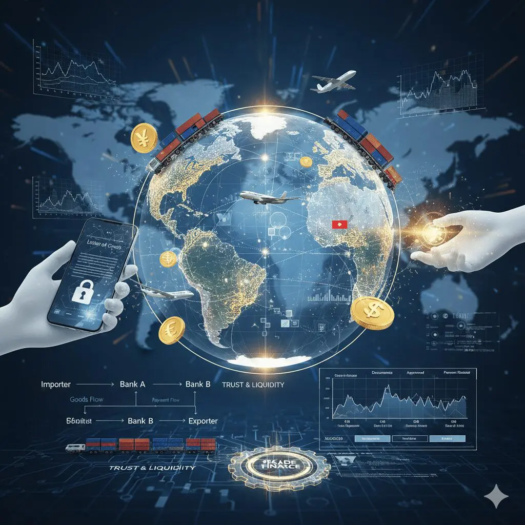 Infografik zur Handelsfinanzierung (Trade Finance): Visualisierung der globalen Lieferkette mit Schiffscontainern und Flugzeugen, die die Weltkugel umrunden. Im Zentrum stehen digitale Währungssymbole (€, ¥, $) und Grafiken, die den Ablauf eines Akkreditivs (Bank A, Bank B, Importeur, Exporteur) sowie die Rolle von Trust & Liquidität in der Absicherung internationaler Geschäfte über digitale Plattformen (Smart Contracts, Blockchain) zeigen.