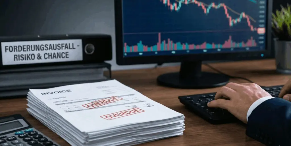 Büroschreibtisch mit einem Stapel unbezahlter Rechnungen und rotem 'Overdue'-Stempel, daneben ein Taschenrechner und ein Aktenordner mit der Aufschrift 'Forderungsausfall'. Im Hintergrund zeigt ein Computermonitor fallende Finanzkurse, während eine Person am PC arbeitet.