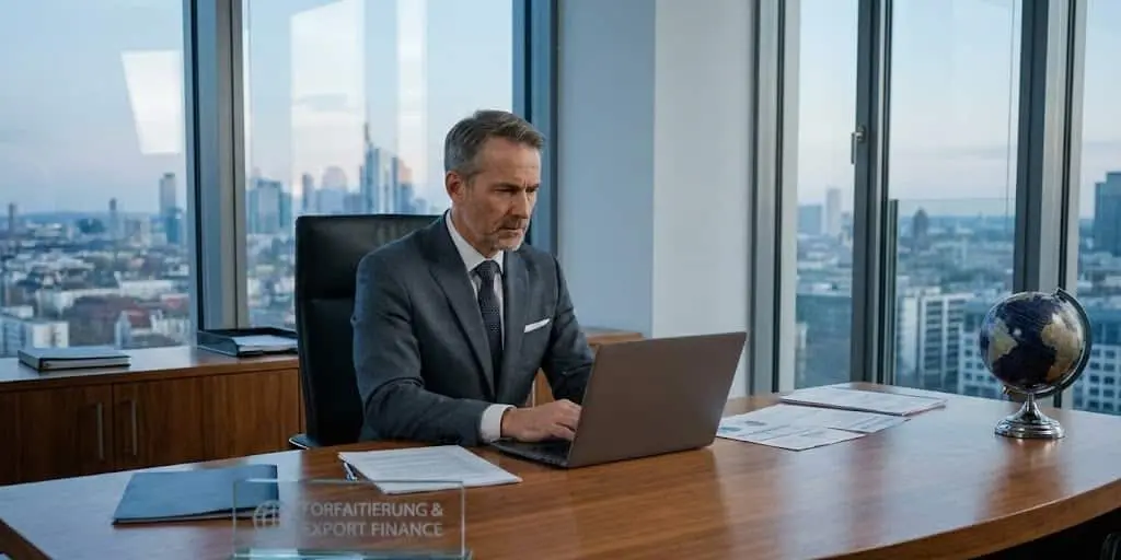 Finanzexperte im Anzug arbeitet am Laptop an einer Forfaitierung; auf dem Schreibtisch stehen ein Globus und ein Schild mit der Aufschrift Forfaitierung & Export Finance.