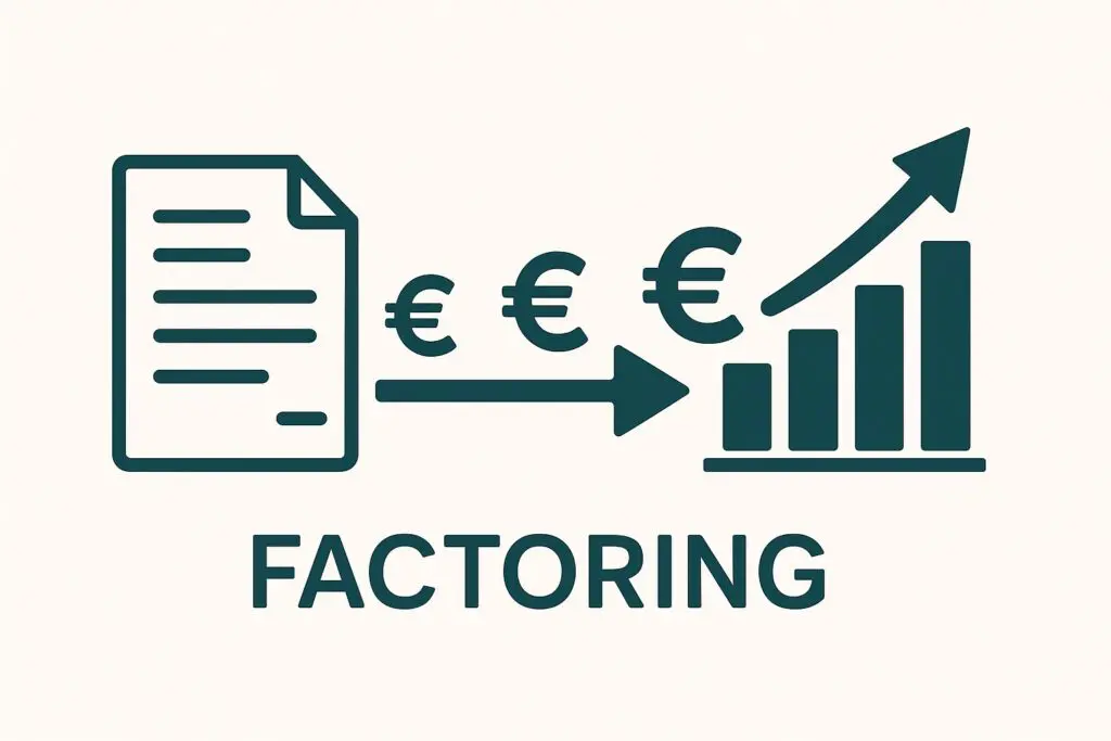 Illustration zum Thema Factoring mit hellem Hintergrund: Eine stilisierte Grafik zeigt, wie Rechnungen durch Factoring in Euro-Symbole (€) und steigende Balken umgewandelt werden. Der aufsteigende Pfeil symbolisiert Liquiditätswachstum, Cashflow und effizientes Forderungsmanagement.