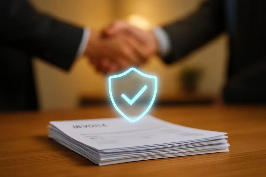 Symbolischer Schutzschild über einem Stapel Rechnungen, der den Schutz vor Zahlungsausfällen beim echten Factoring darstellt.