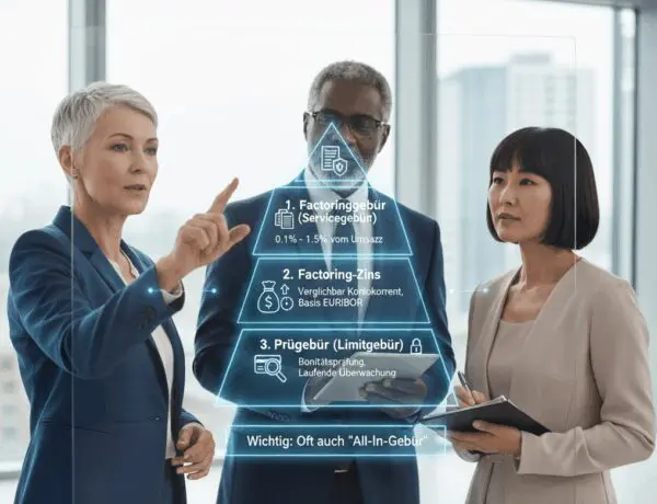 Factoring Kosten Komponenten grafisch dargestellt. Drei Geschäftspartner (im Alter von 50 bis 55 Jahren) besprechen im Bürogebäude die Zusammensetzung der Factoring Gebühren: Factoringgebühr, Zinsen und Prüfgebühren.