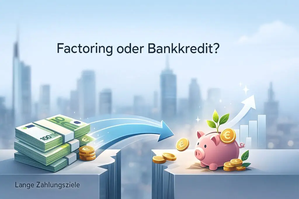 Illustration symbolisiert schnellen Geldfluss und Liquiditätsverbesserung durch Factoring: Euro-Scheine fließen über eine Lücke mit Hilfe eines Pfeils zu einem wachsenden Sparschwein mit Pflanze, das Unternehmenswachstum darstellt. Der moderne, helle Stil vermittelt Dynamik, Effizienz und finanzielle Stärke.