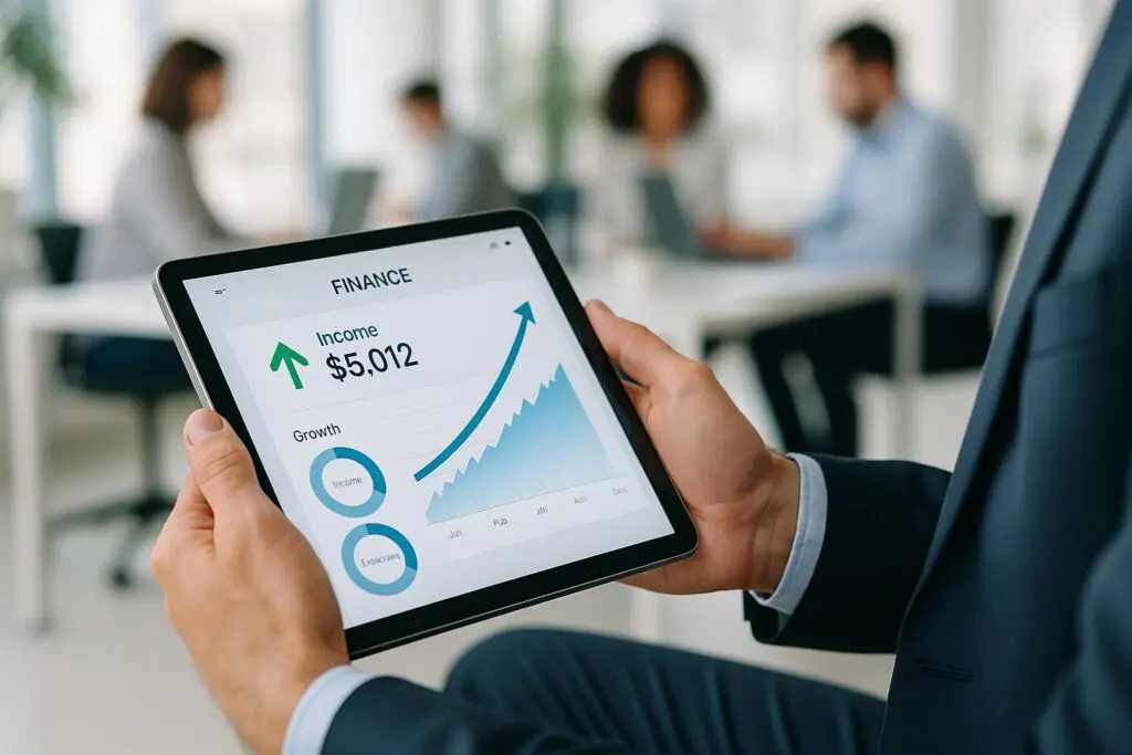 Tablet zeigt Banking-App mit eingehendem Cashflow und wachsender Umsatzkurve durch Factoring.